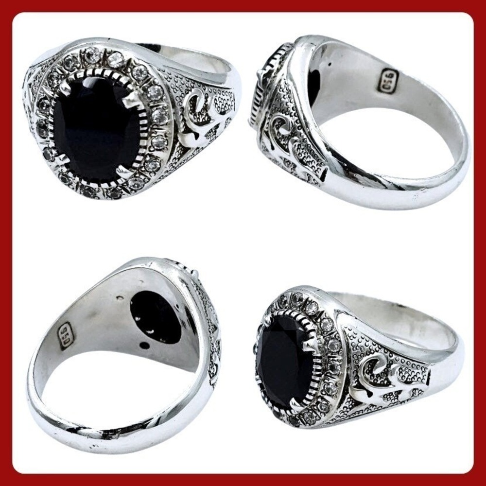 950 Silver Black Onyx Mens Signet Ring Oval Halo‎ Filigree Band Size 11